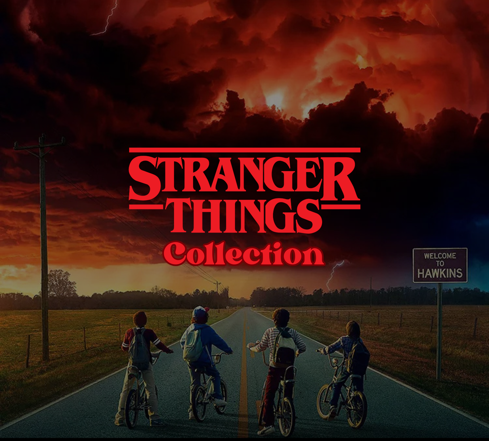 The Spooktique Stranger Things collection of wax melts, body butter, and bubble bath. Retro red text accompanies the four party members on their bikes looking ahead to stormy skies and the threats from the upside down (the mindflayer and Vecna likely await them)